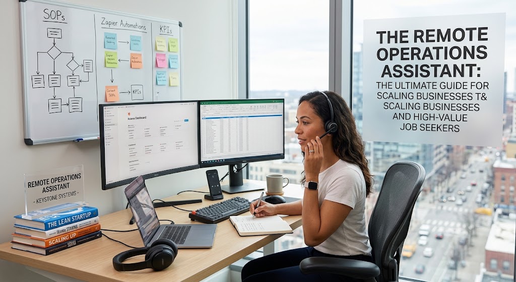 Professional remote operations assistant working with dual monitors and workflow whiteboards in a modern office